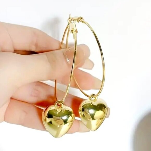 Large Puffy Heart Hoop Dangle Earrings Love Charm Gold Retro Boho Fashion Y2K - Picture 1 of 3